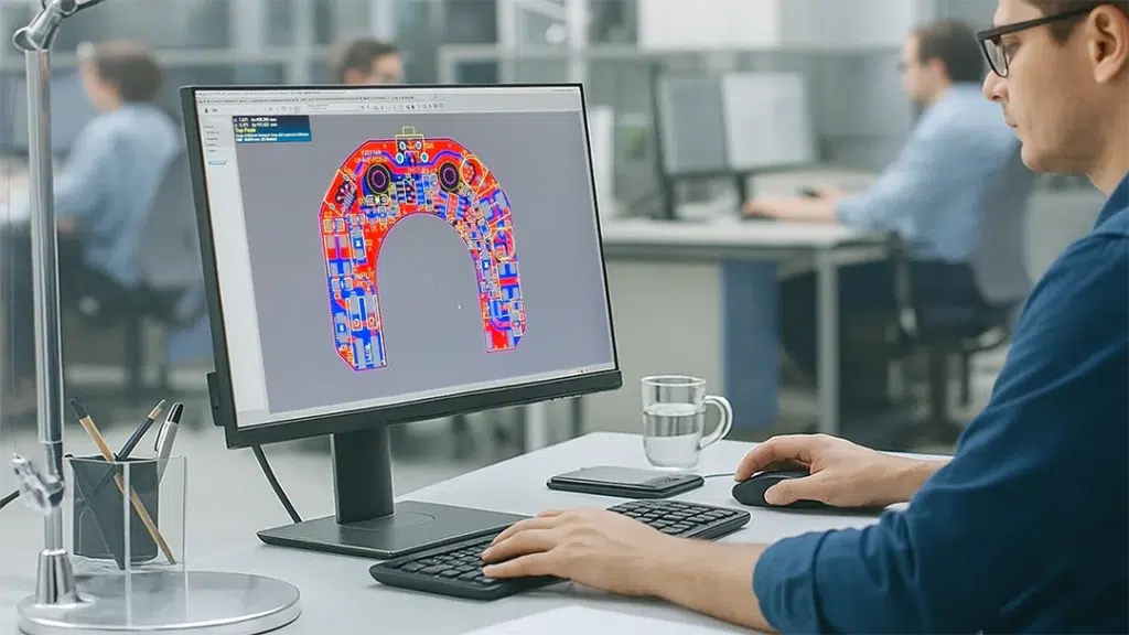 Engineer designing LED module circuit diagram in CAD software