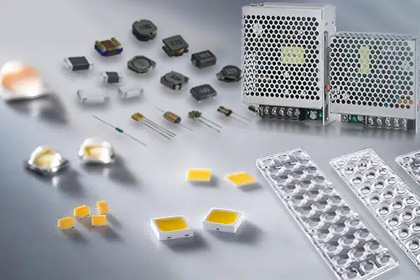 LED chips, resistors, lenses, power drivers, and related components
