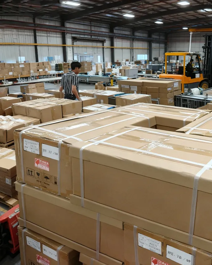 Stacked goods in warehouse showing finished product inventory for LED lighting