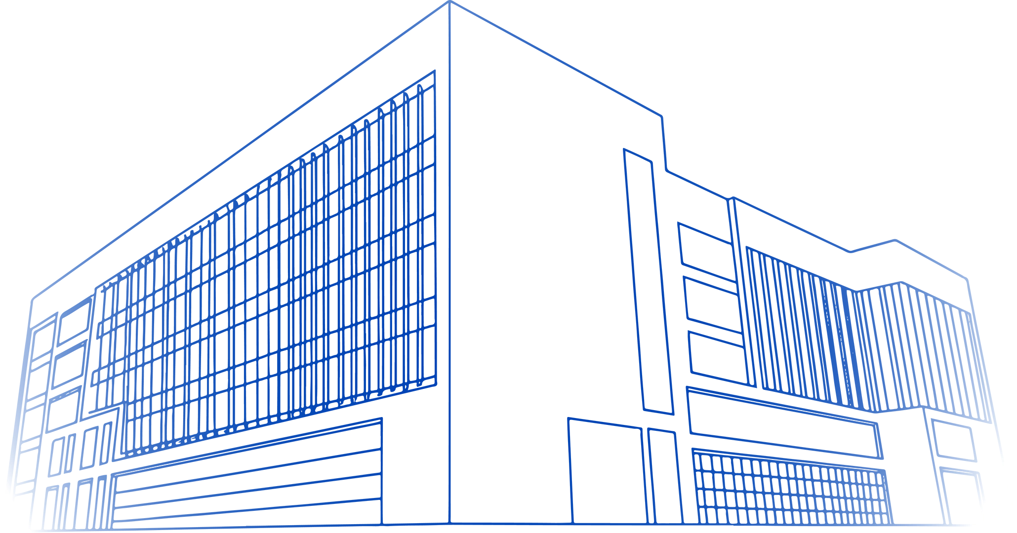 Line art drawing of company building exterior