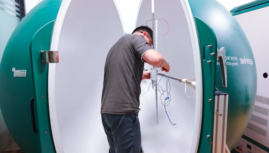 Engineer placing LED board into integrating sphere for optical testing
