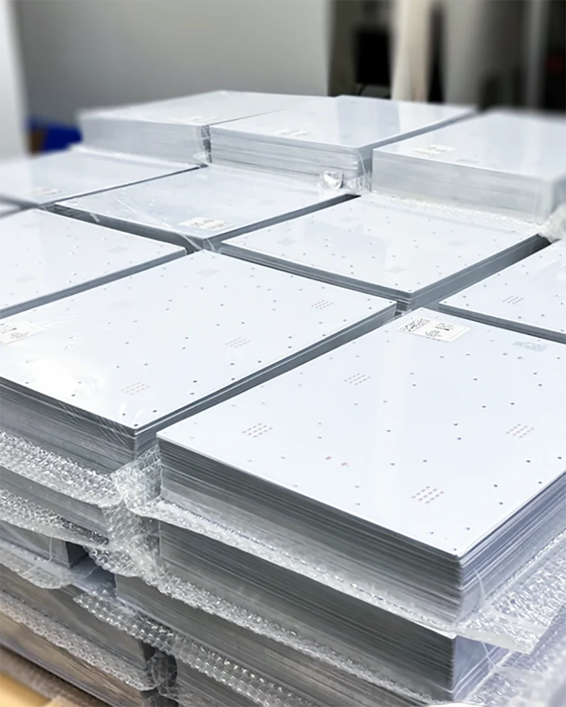 Unopened LED PCB boards in original packaging awaiting pre-production inspection