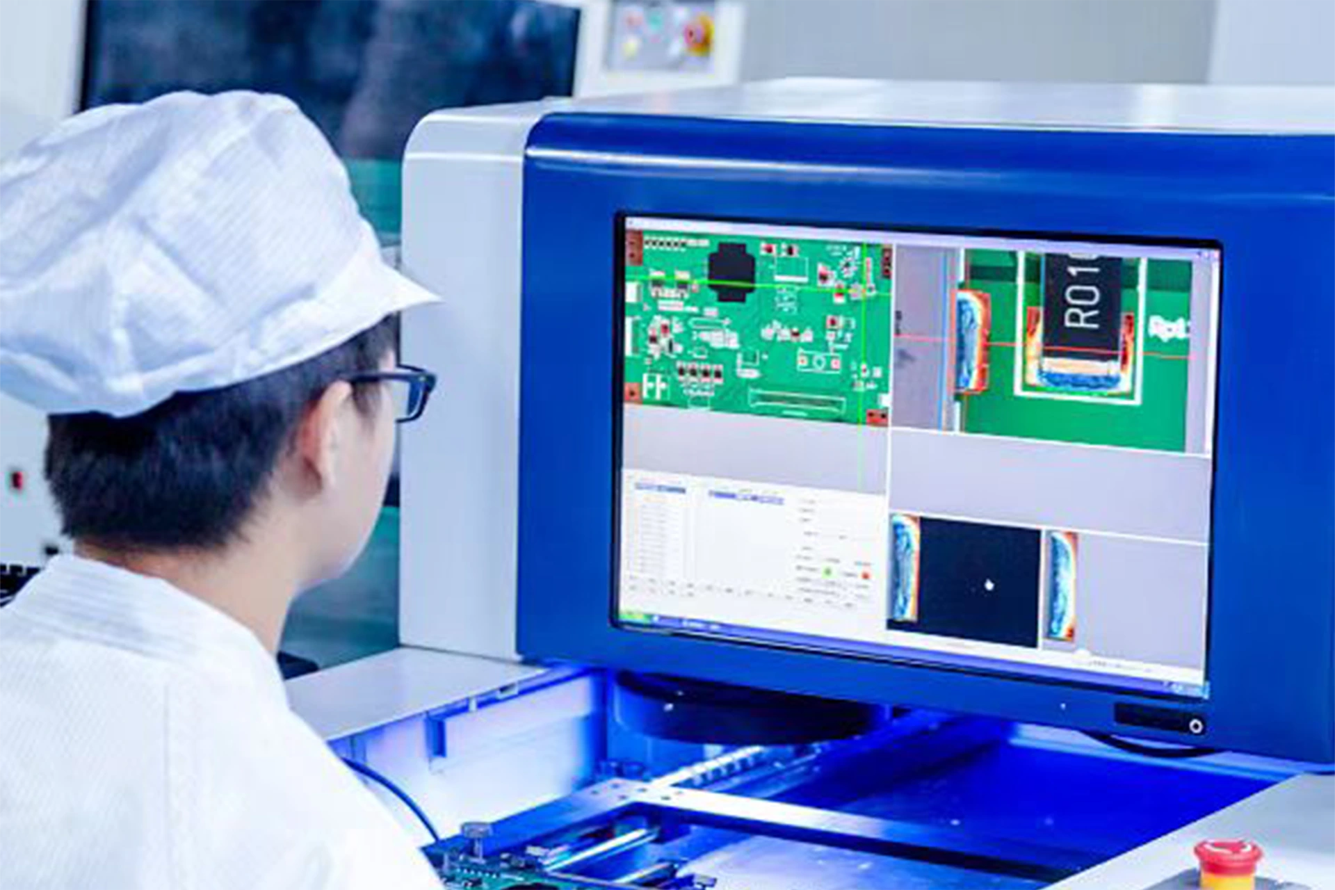 Worker using AOI machine to inspect LED PCBA for soldering defects