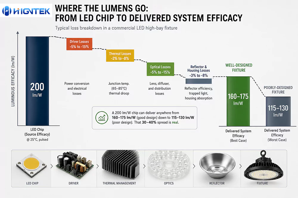 Luminous flux from LED chips to complete lighting fixtures
