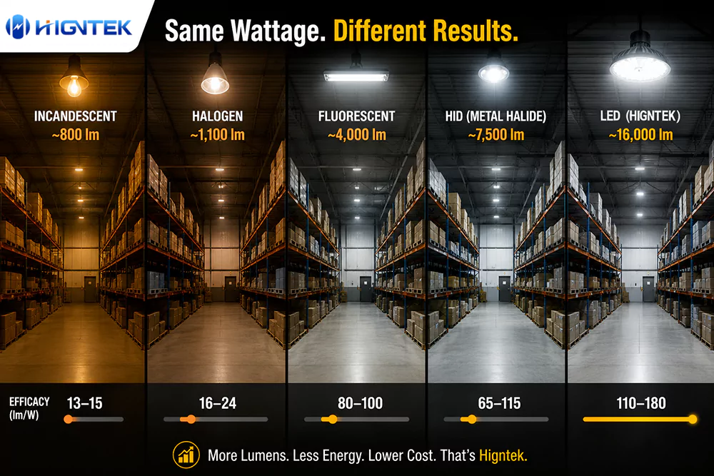 Typical lumens and luminous efficacy for different luminaires