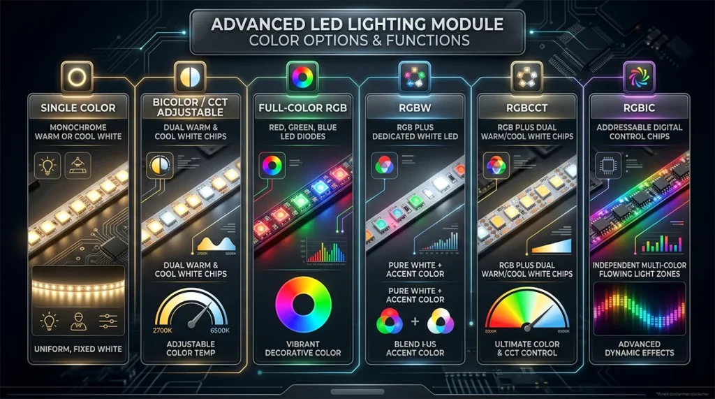 LED Module Color Options single color-bicolor-Full color RGB-RGBW-RGBCCT-RGBIC