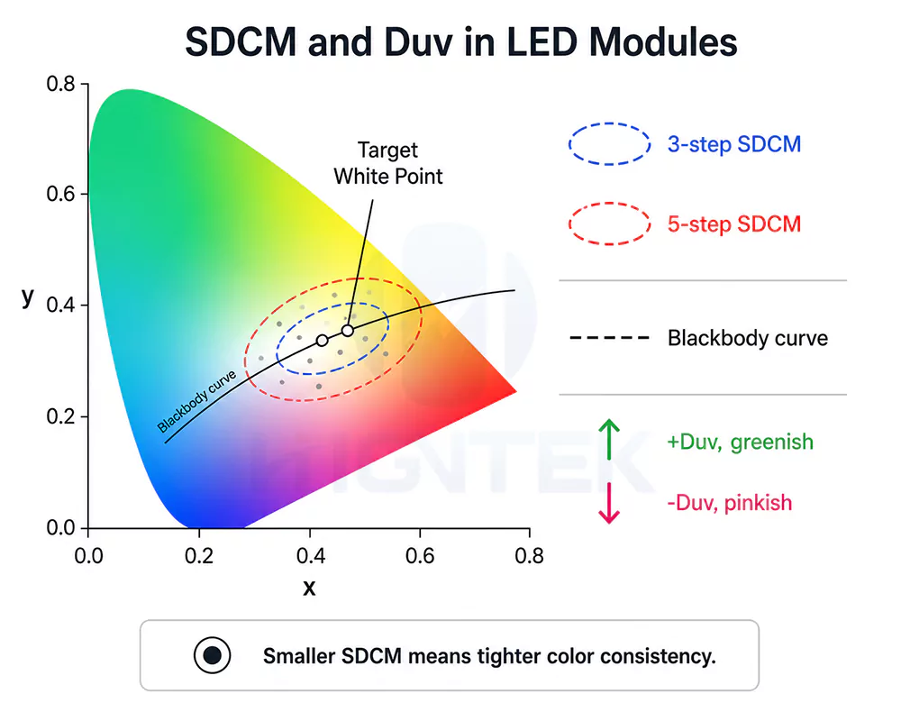 SDCM and Duv in LED modules