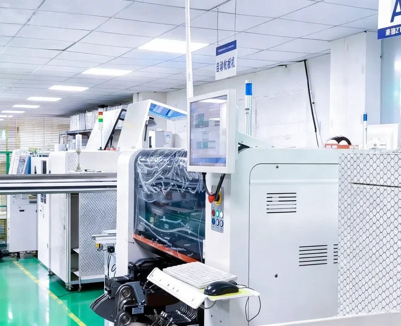 Side view of SMT pick and place machine with adjacent production line section