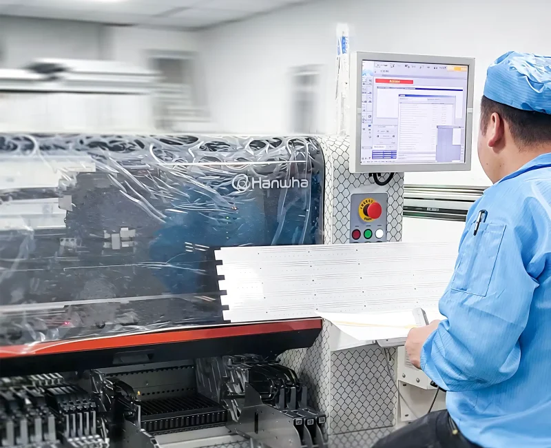 Operator adjusting SMT pick and place machine settings before production run