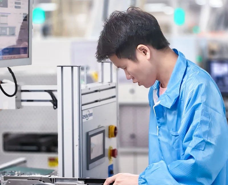 Worker standing beside SMT machine during production